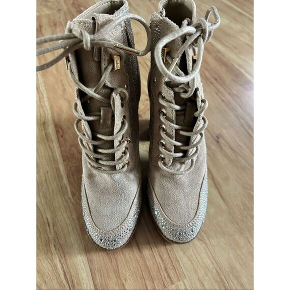 Michael Kors tan chunky heel sparkly boots leather suede size 6M New combat - Picture 1 of 7